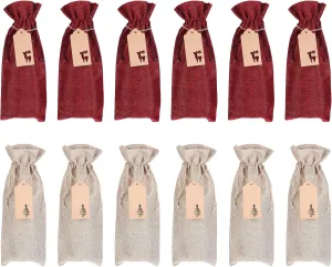 1Set Linen Wine Present Bags with Drawstring Natural Wine Color Includes Christmas Tree Deer Present Tags for Wine Present Bags