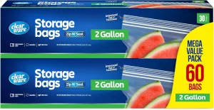 2 Gallon Storage Bags, Double Zipper Seal - 60 Count, Resealable Thick Plastic Food Storage Bags - Microwave-Safe, Zero BPA - Resealable Containers for Lunch, Snacks, Meals - 2 Boxes