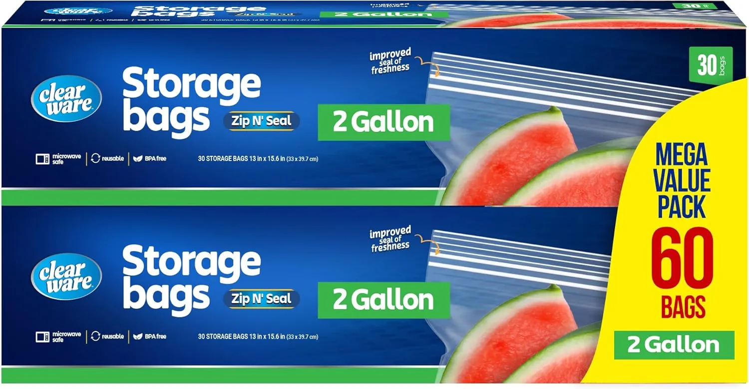 2 Gallon Storage Bags, Double Zipper Seal - 60 Count, Resealable Thick Plastic Food Storage Bags - Microwave-Safe, Zero BPA - Resealable Containers for Lunch, Snacks, Meals - 2 Boxes