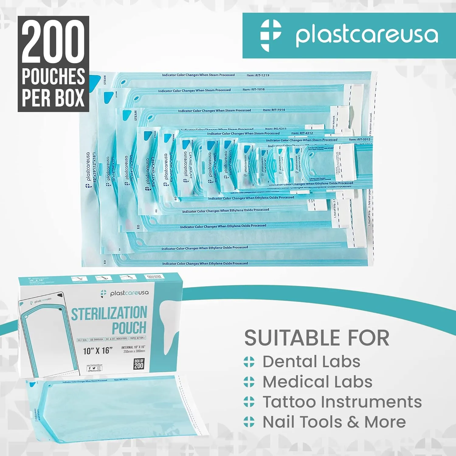 2000 Bulk Sterilization Pouches, Sterilizer Autoclave Bags for Sterilizing Cleaning Medical and Dental Instruments Tools, 10 Boxes of 200 (10" x 16")