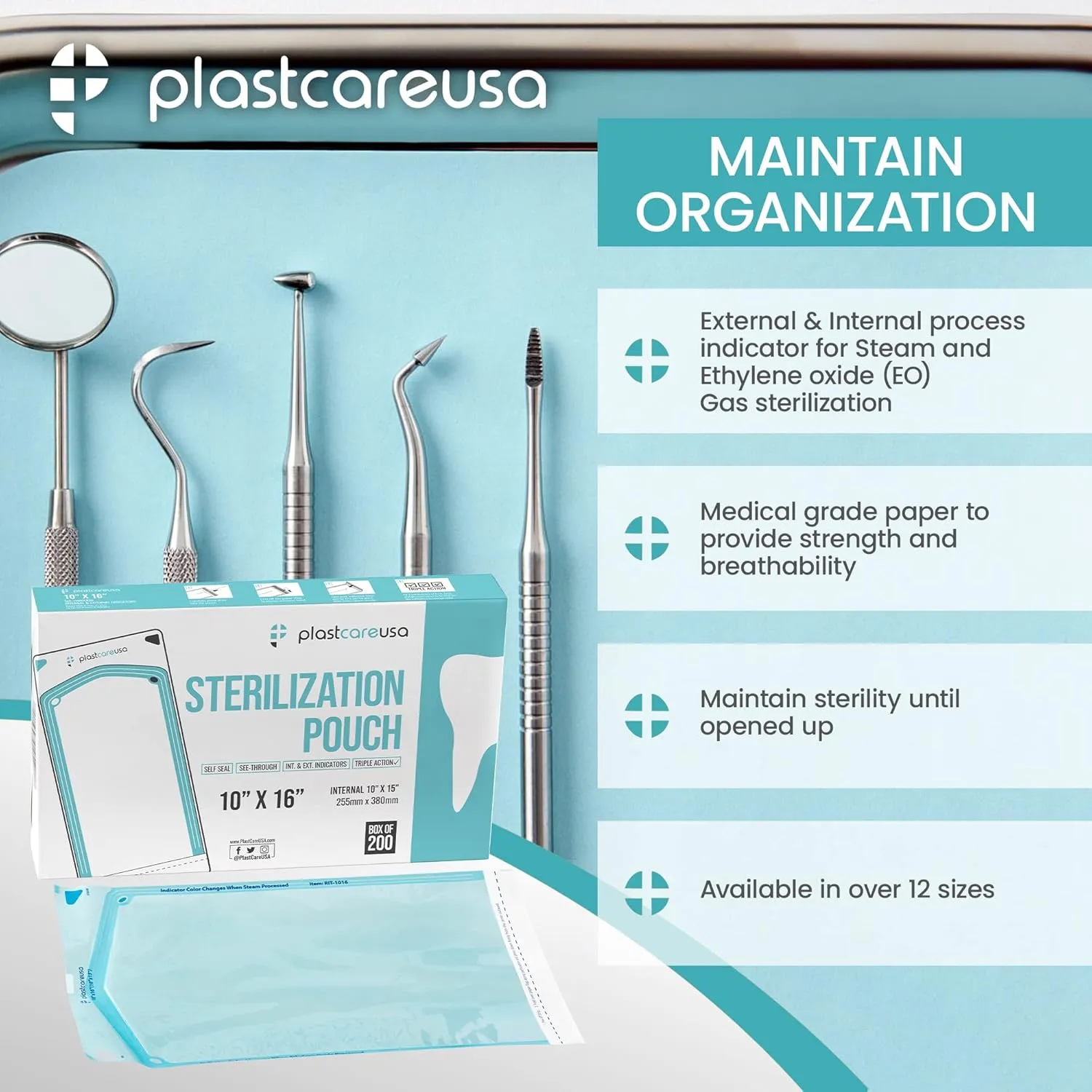 2000 Bulk Sterilization Pouches, Sterilizer Autoclave Bags for Sterilizing Cleaning Medical and Dental Instruments Tools, 10 Boxes of 200 (10" x 16")