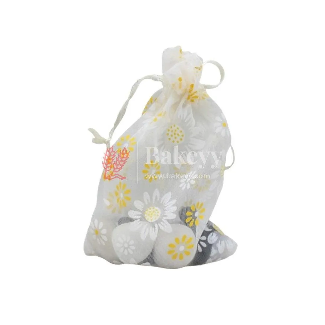20x25 CM | Floral Design Organza Potli Bags | White Color | Candy Bag | Pack 0f 50