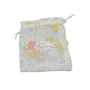20x25 CM | Floral Design Organza Potli Bags | White Color | Candy Bag | Pack 0f 50