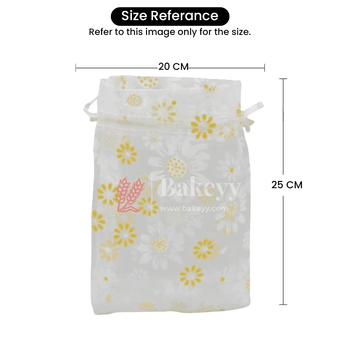 20x25 CM | Floral Design Organza Potli Bags | White Color | Candy Bag | Pack 0f 50