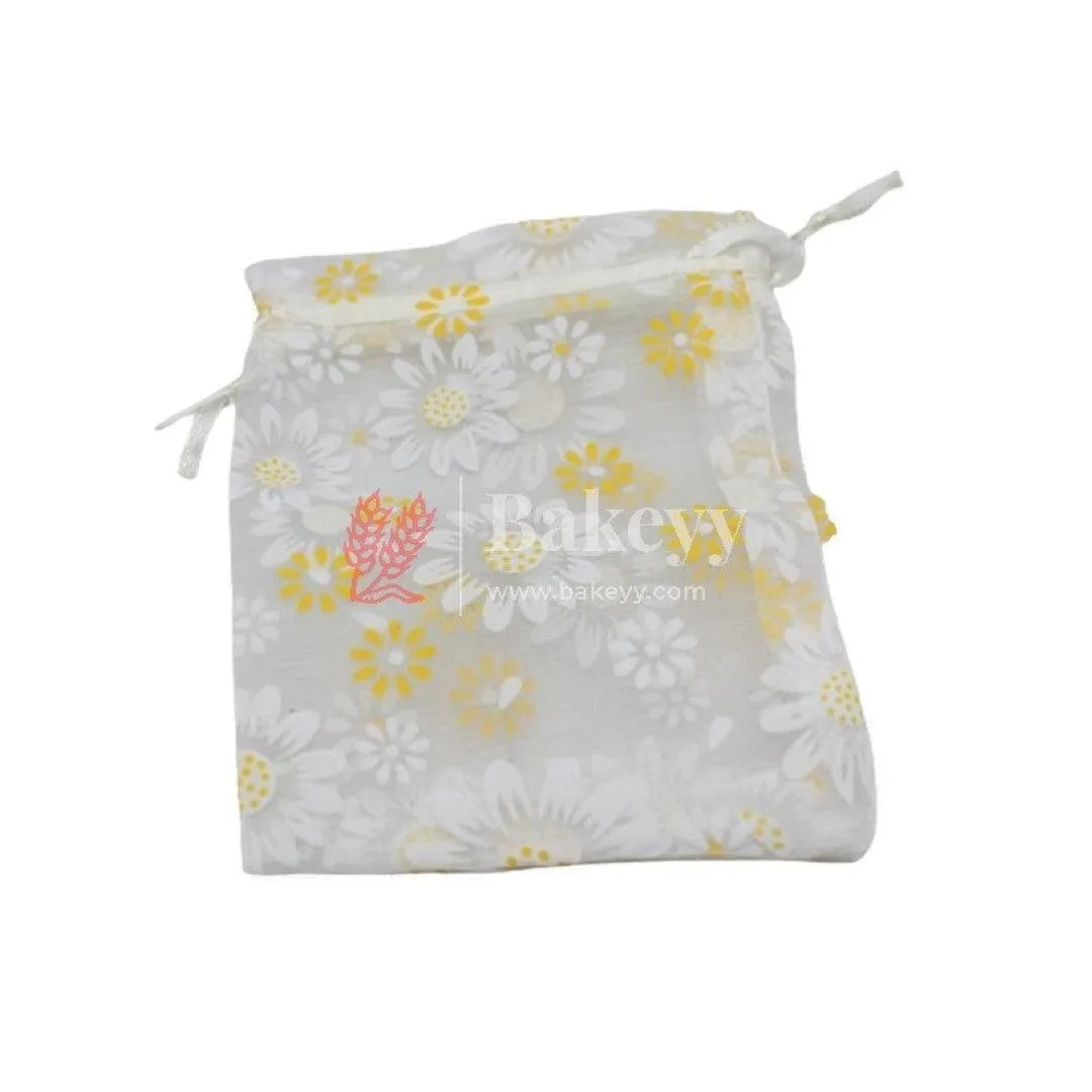 20x25 CM | Floral Design Organza Potli Bags | White Color | Candy Bag | Pack 0f 50