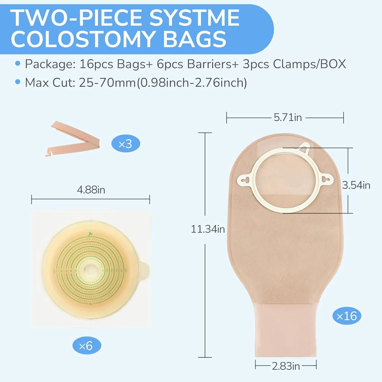 22pcs Ostomy Supplies Colostomy Bags, 2 Piece Colostomy Bags, 25-70 mm Cut-to-Fit Drainable Ostomy Pouch with Clamp Closure for Ileostomy Stoma Care (16 x Ostomy Bags  6 x Barriers 3 x Clamps)
