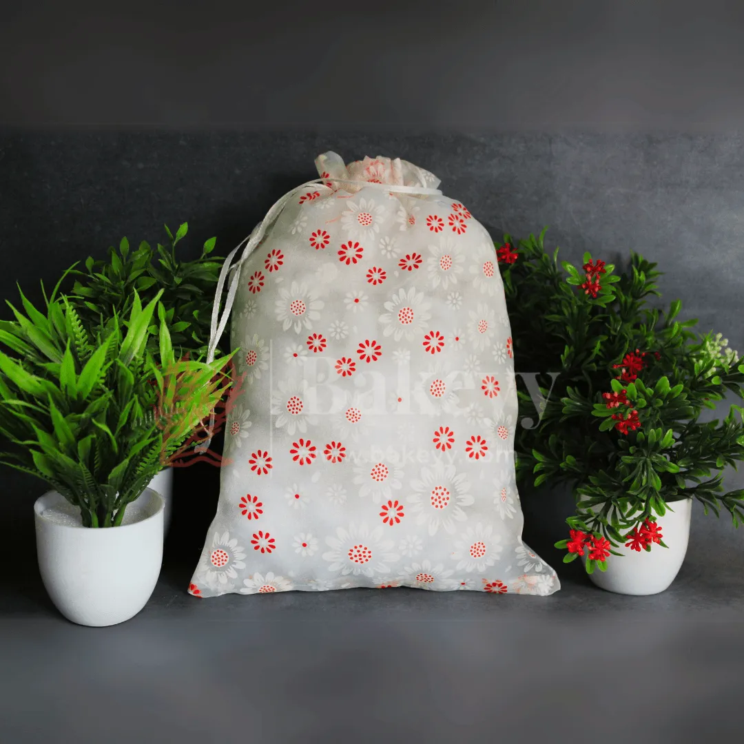 22x31 CM | Floral Designs Organza Potli Bags | Pack of 50 |  White Color | Candy Bag
