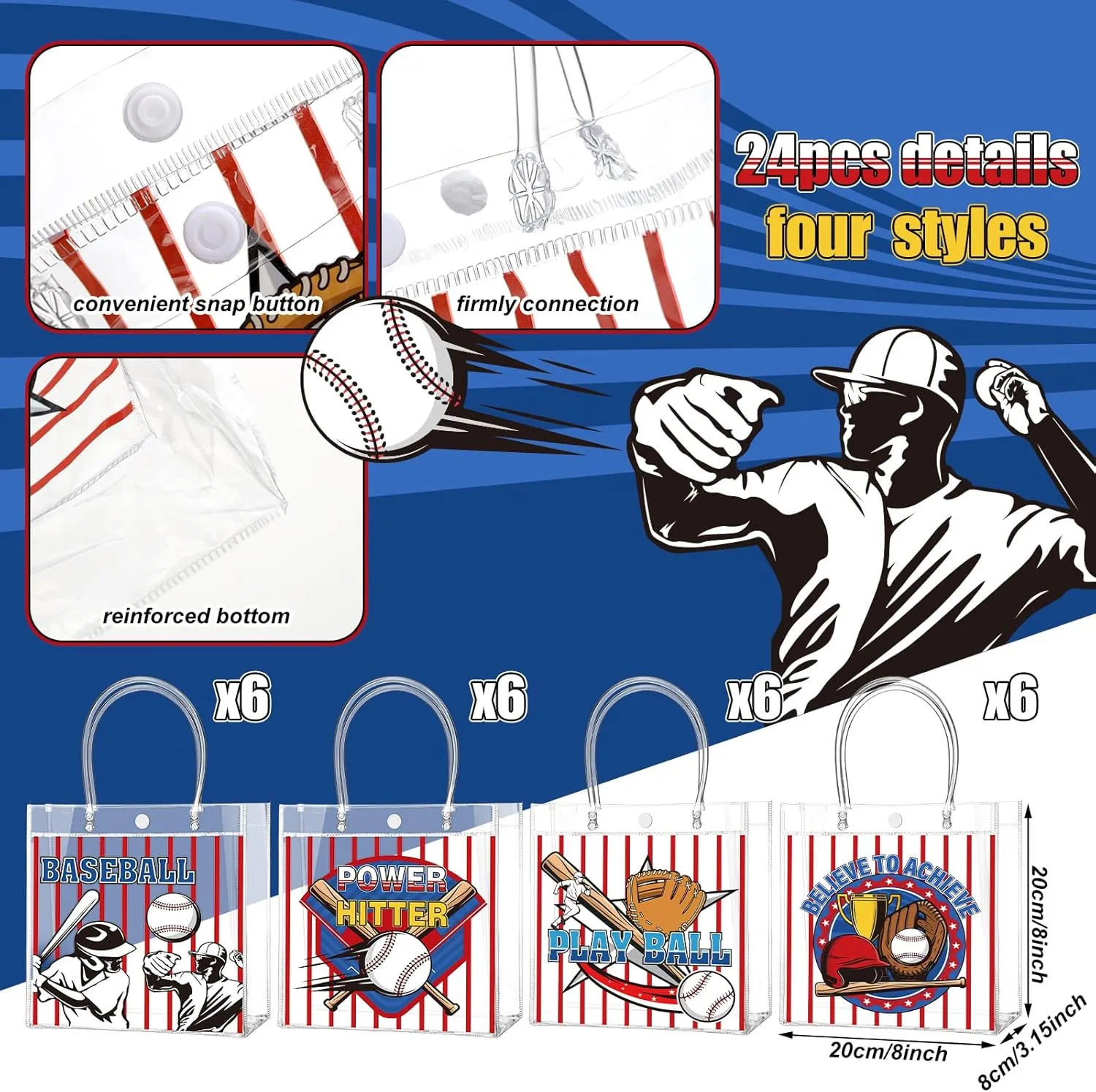 24 Pcs Baseball Party Favors Bags PVC Clear Goodie Candy Treat Tote Gift Bags with Handles Baseball Theme Birthday Baby Shower Party Supplies