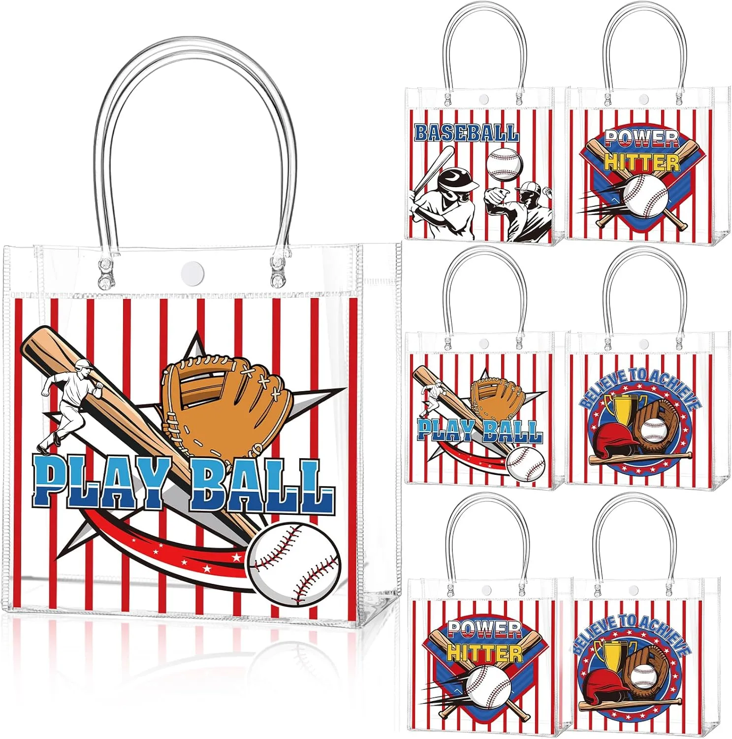 24 Pcs Baseball Party Favors Bags PVC Clear Goodie Candy Treat Tote Gift Bags with Handles Baseball Theme Birthday Baby Shower Party Supplies