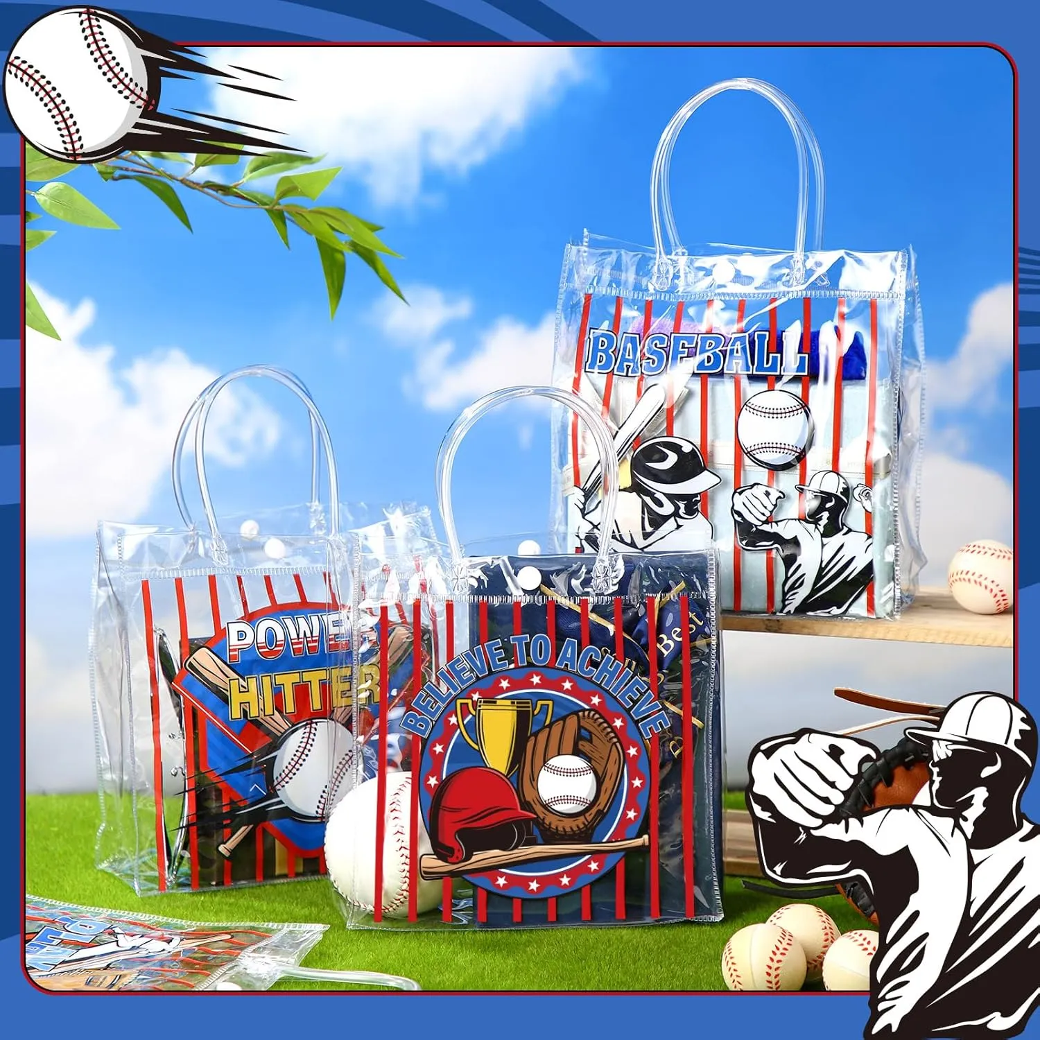 24 Pcs Baseball Party Favors Bags PVC Clear Goodie Candy Treat Tote Gift Bags with Handles Baseball Theme Birthday Baby Shower Party Supplies