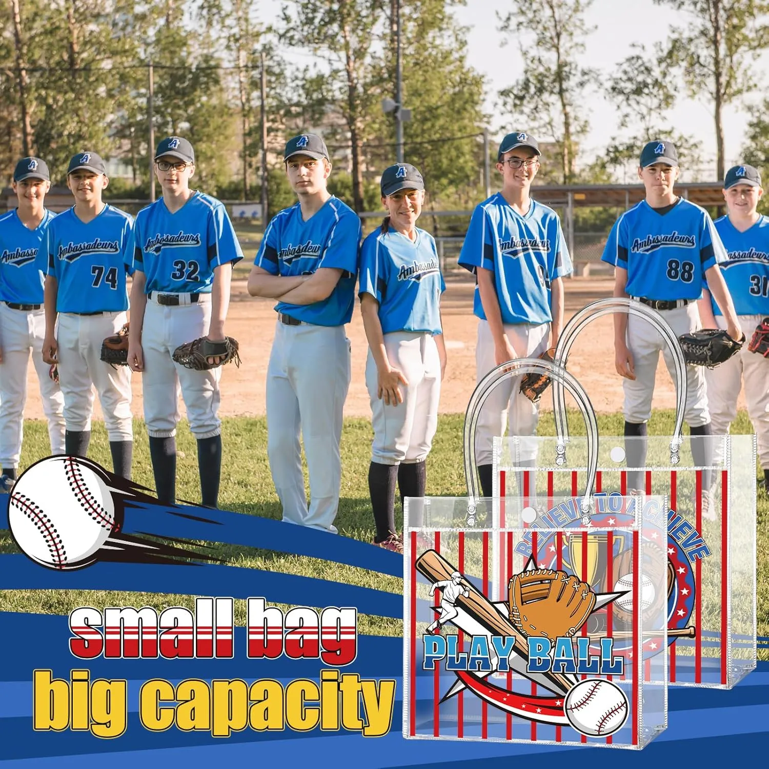 24 Pcs Baseball Party Favors Bags PVC Clear Goodie Candy Treat Tote Gift Bags with Handles Baseball Theme Birthday Baby Shower Party Supplies