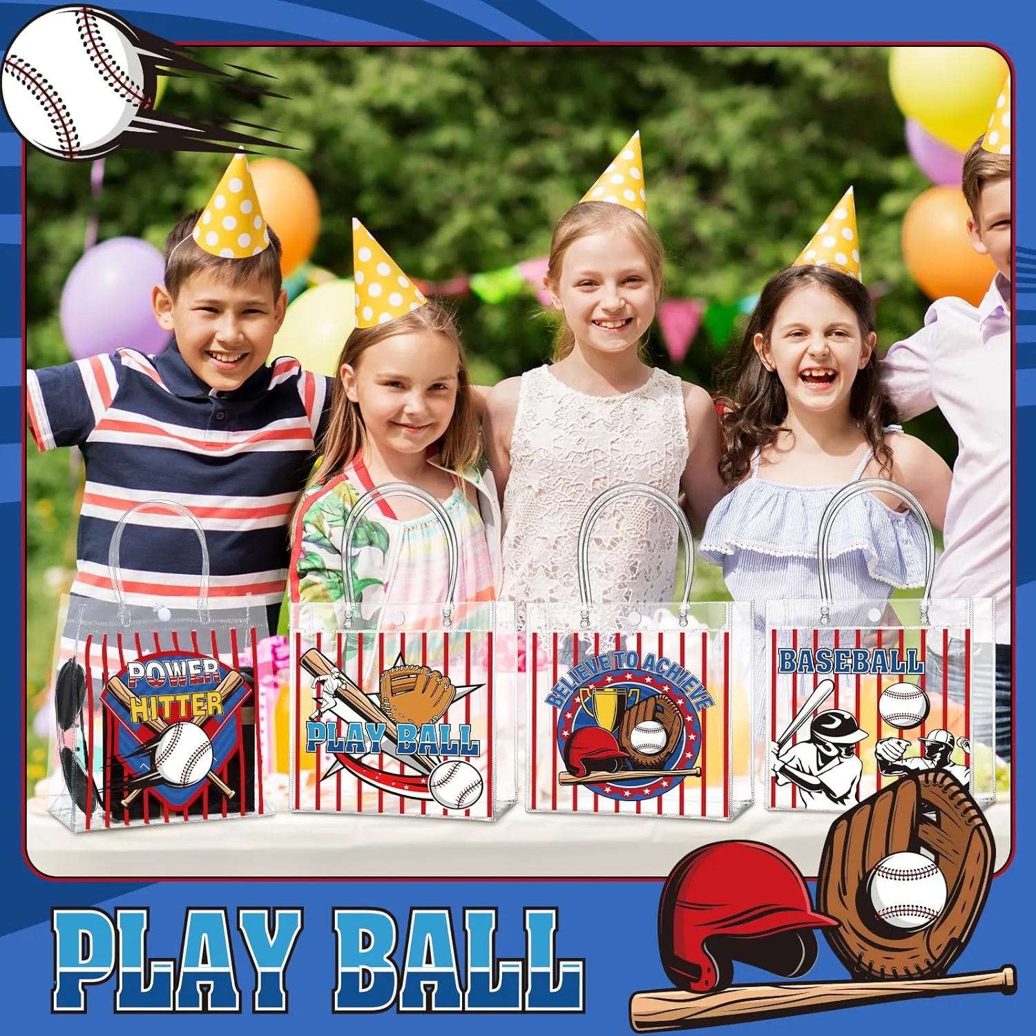 24 Pcs Baseball Party Favors Bags PVC Clear Goodie Candy Treat Tote Gift Bags with Handles Baseball Theme Birthday Baby Shower Party Supplies