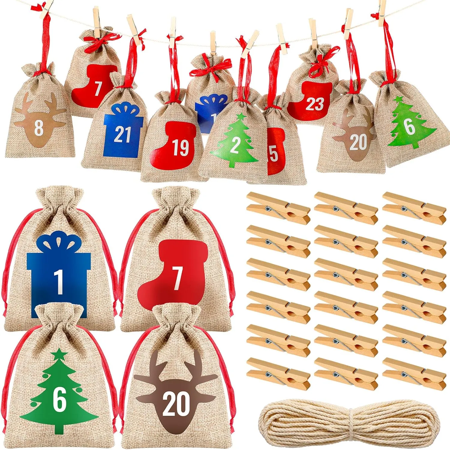 24 Pcs Christmas Advent Calendar Bags 24 Days Burlap Countdown Calendar Bags 4x6 Inch Drawstring Gift Bag Pouches with Xmas Mini Wooden Clips for Christmas Birthday Party Favor Home Wall Decor