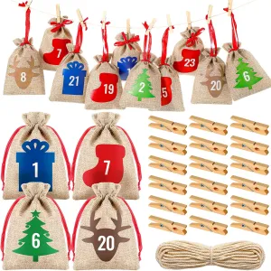 24 Pcs Christmas Advent Calendar Bags 24 Days Burlap Countdown Calendar Bags 4x6 Inch Drawstring Gift Bag Pouches with Xmas Mini Wooden Clips for Christmas Birthday Party Favor Home Wall Decor