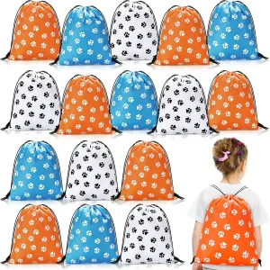 24 Pieces Paw Print Drawstring Backpack Bag Dog Paw Party Favors Bags Orange and Blue Goodie Cinch Sack Pattern Print String backpack for Kids Birthday Pet Theme Party Favors Supplies