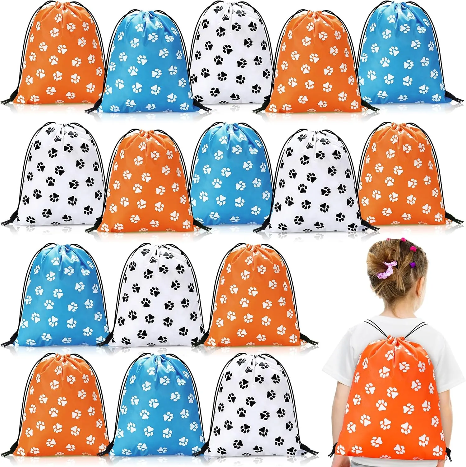 24 Pieces Paw Print Drawstring Backpack Bag Dog Paw Party Favors Bags Orange and Blue Goodie Cinch Sack Pattern Print String backpack for Kids Birthday Pet Theme Party Favors Supplies