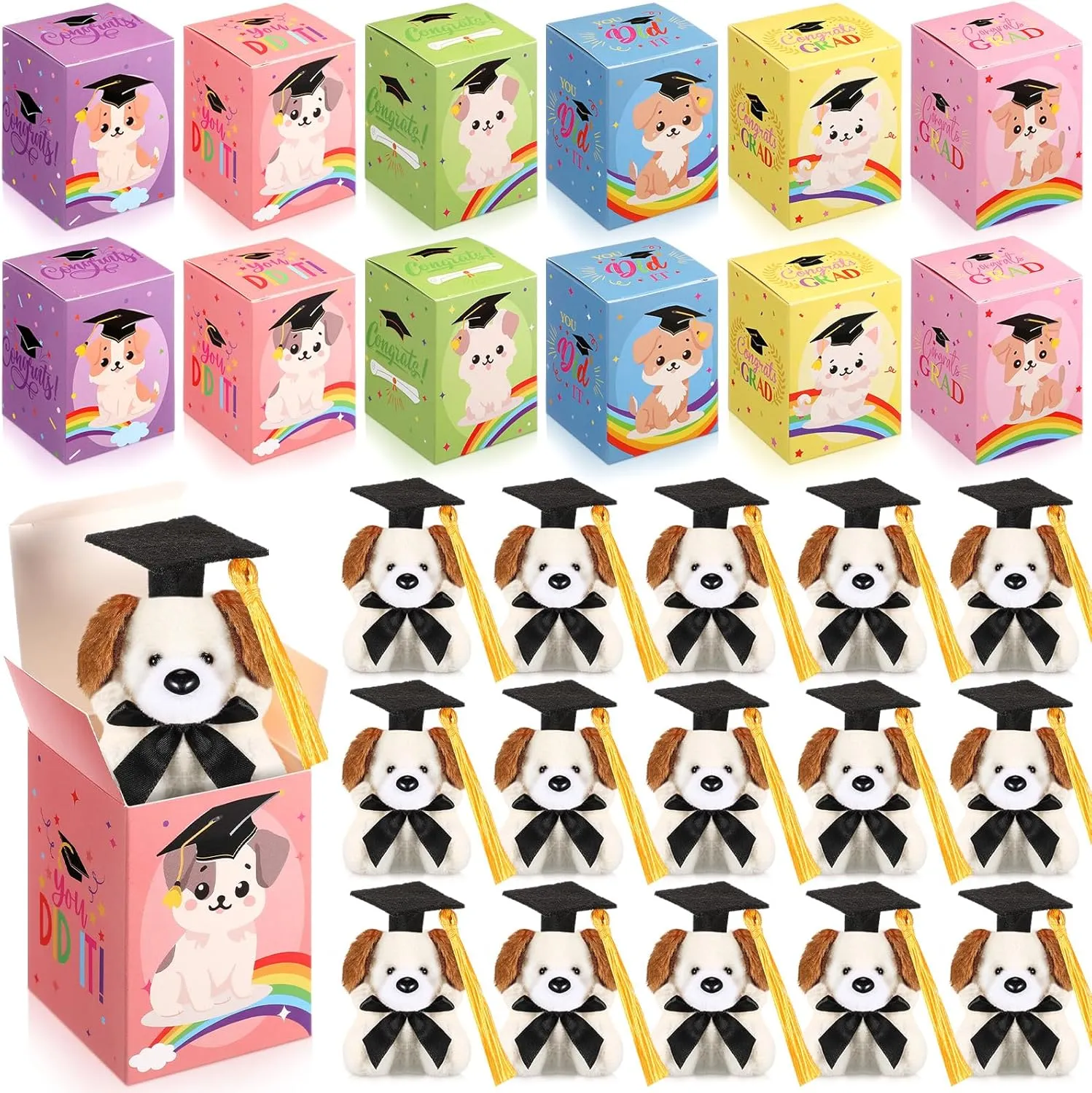 24 Set Mini Graduation Plush Dog with Graduation Gifts Box Graduation Stuffed Animal Keychain with Cap Gift Set for 2025 Graduation Party Graduation Decoration Classroom Exchange Gift