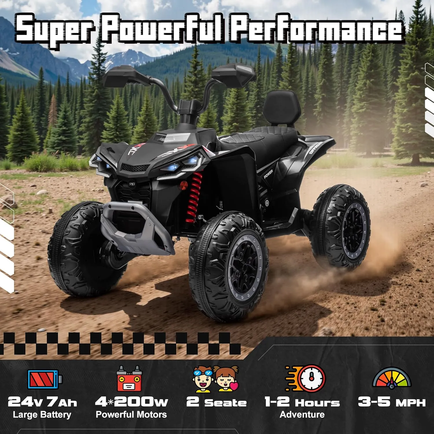 24V Ride On Car for Kids 2 Seater, ANRLI 4X4 Kids ATV 4 Wheeler w/800W Motor, Battery Powered Electric Vehicle Quad w/Leather Cushion, Kneepads, Pull Bow, Spring Suspension, Bluetooth