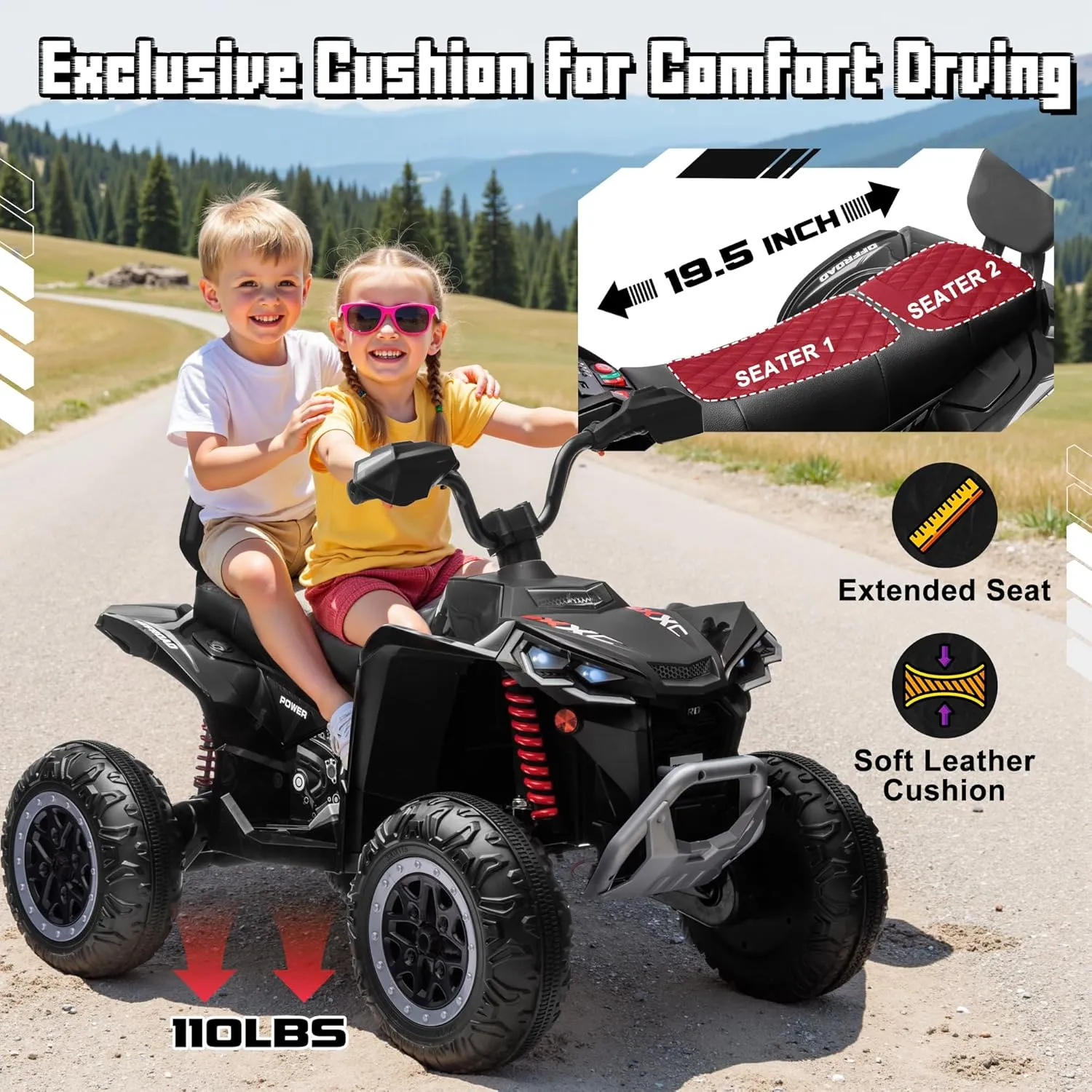 24V Ride On Car for Kids 2 Seater, ANRLI 4X4 Kids ATV 4 Wheeler w/800W Motor, Battery Powered Electric Vehicle Quad w/Leather Cushion, Kneepads, Pull Bow, Spring Suspension, Bluetooth