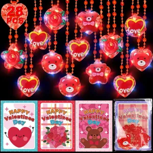 28 Pack Valentine's Day Gifts for Kids Light Up Necklaces with Valentine Cards, Flashing Led Necklaces Valentines Glow Toys Boys Girls School Class Classroom Exchange Gifts Valentines Party Favors