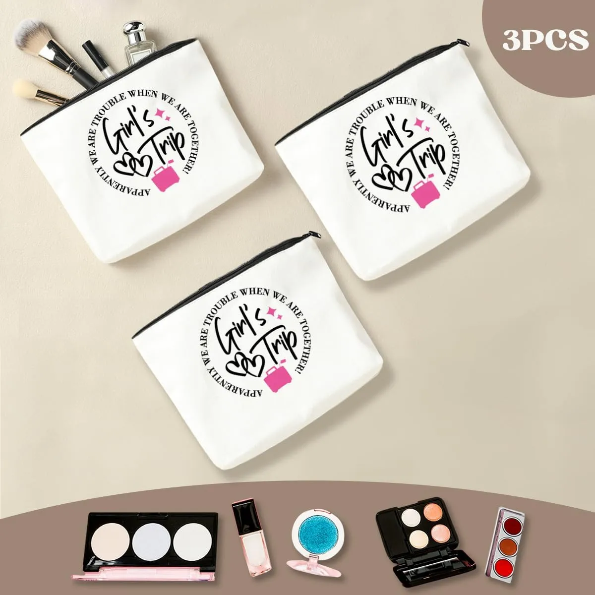 3-Piece Girls' Trip Favors: Makeup Bag Set for Women's Weekend Gifts, Bachelorette Party, Christmas