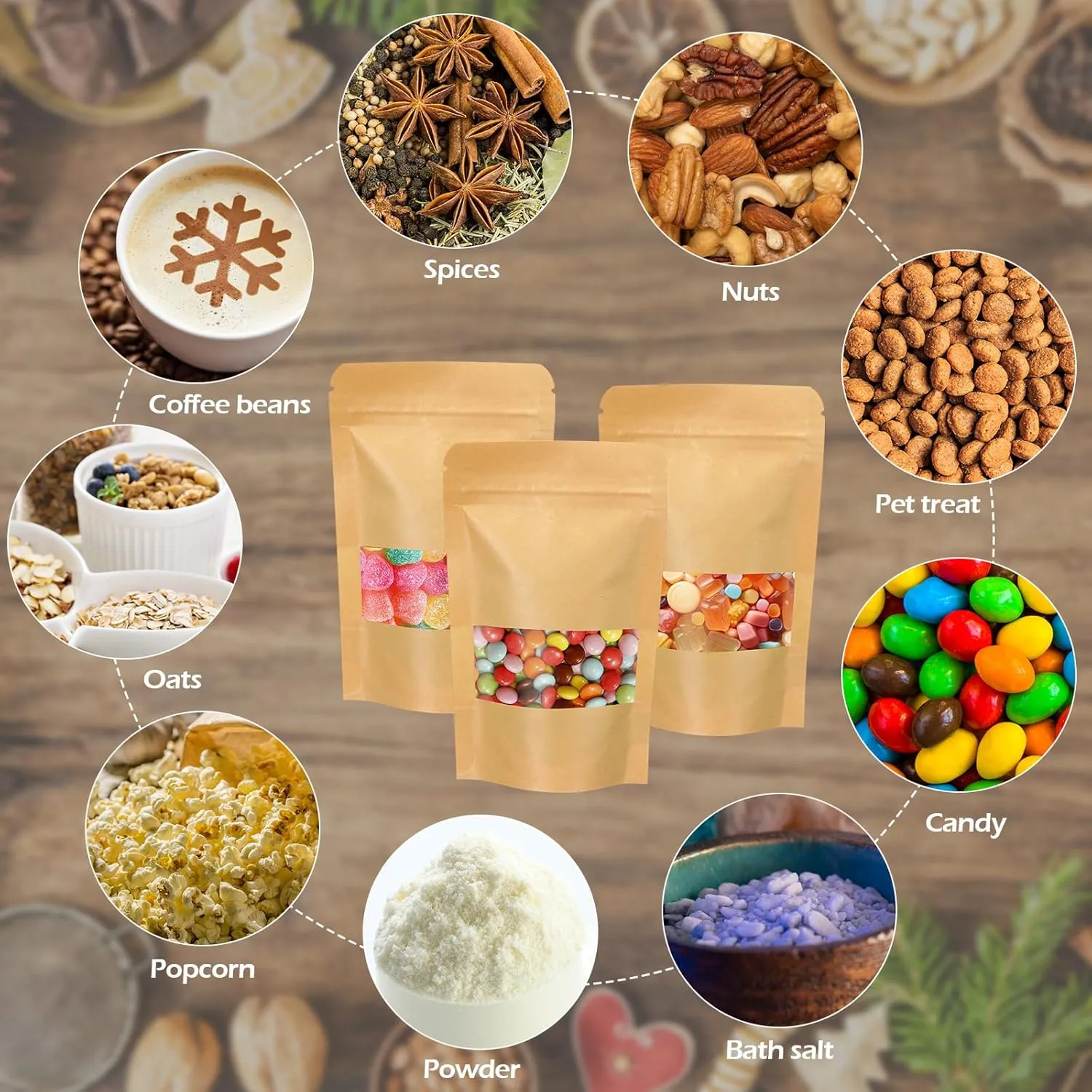 300 Pcs Kraft Bags with Window 3.5 x 5.5 Inch Kraft Stand Up Paper Bags Reusable Food Storage Pouches Heat Sealable Zipper Sealing Pouches Bulk for Packaging Business(Brown)