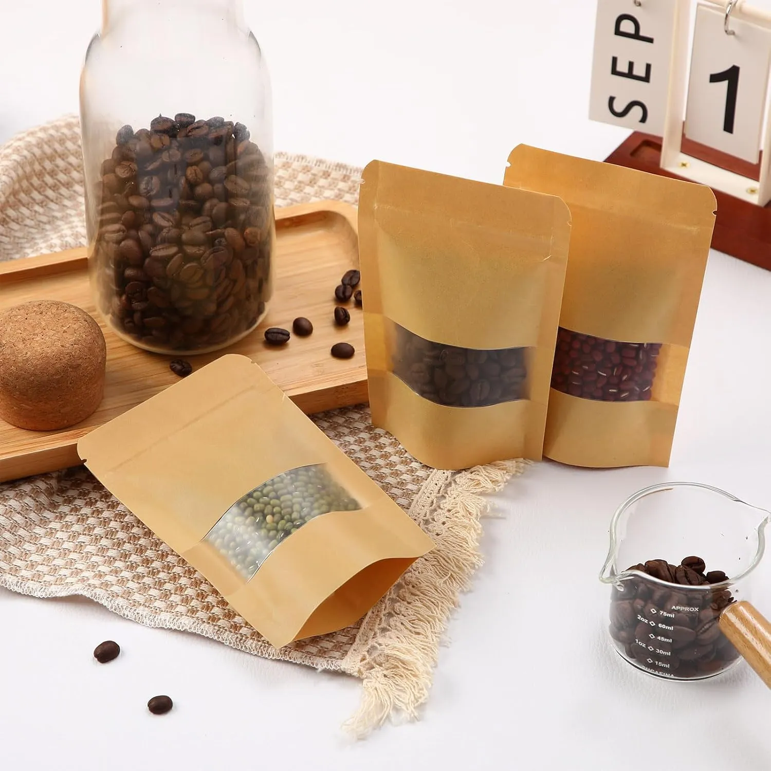 300 Pcs Kraft Bags with Window 3.5 x 5.5 Inch Kraft Stand Up Paper Bags Reusable Food Storage Pouches Heat Sealable Zipper Sealing Pouches Bulk for Packaging Business(Brown)