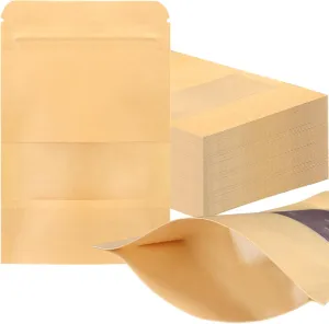 300 Pcs Kraft Bags with Window 3.5 x 5.5 Inch Kraft Stand Up Paper Bags Reusable Food Storage Pouches Heat Sealable Zipper Sealing Pouches Bulk for Packaging Business(Brown)