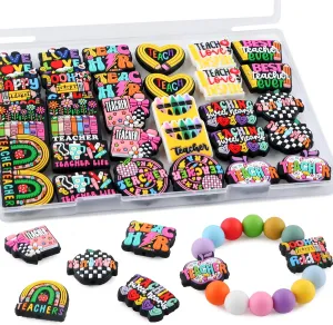 30Pcs Teacher Focal Beads for Pens, School Teacher Silicone Beads for Keychain Making Patterns Focals for Necklace Bracelet Beaded Pen