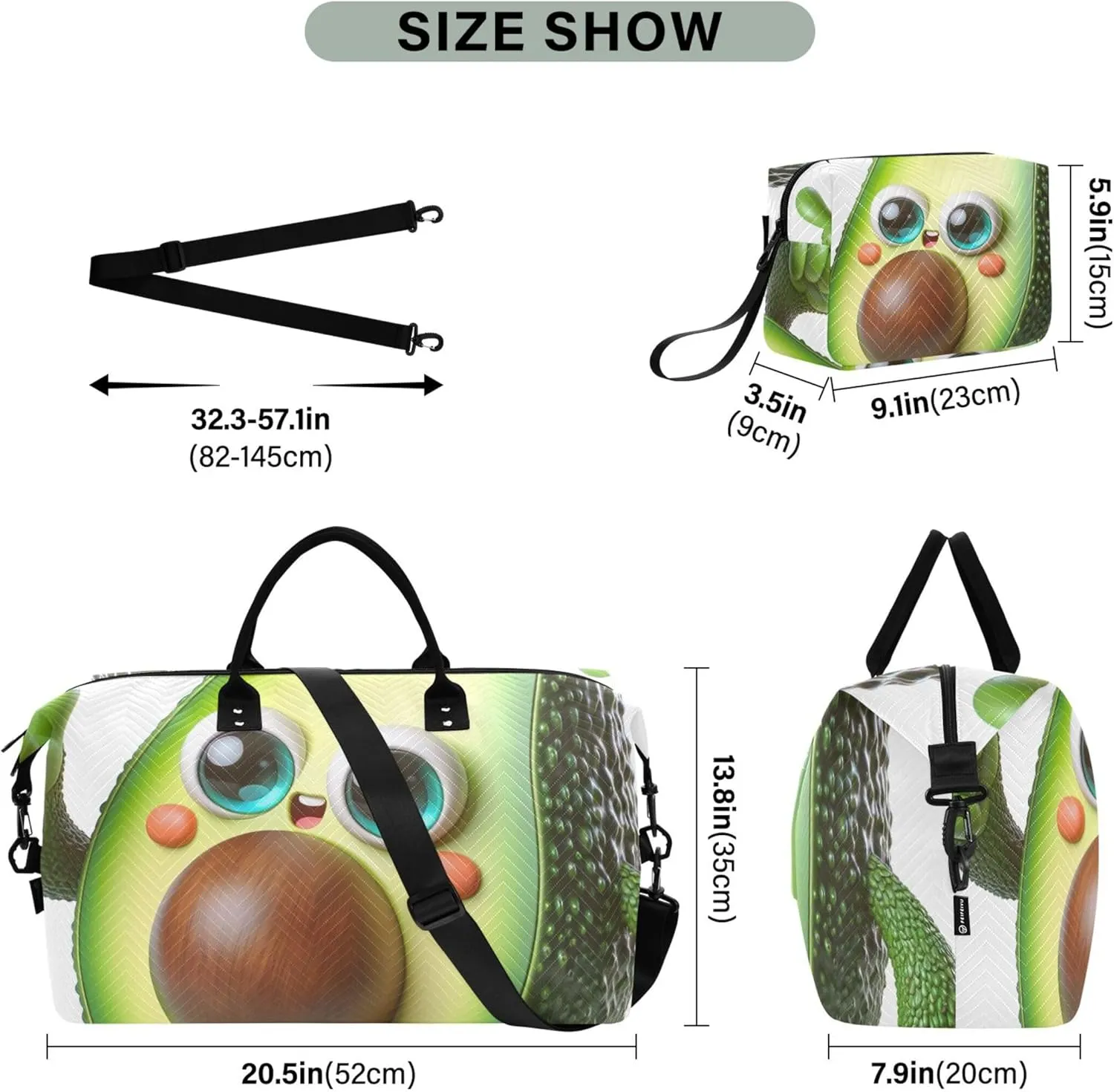 3D Avocado Funny Duffle Bag Travel Makeup Pouch Set of 2, Art Womens Sports Bag Duffle Carry on Bag