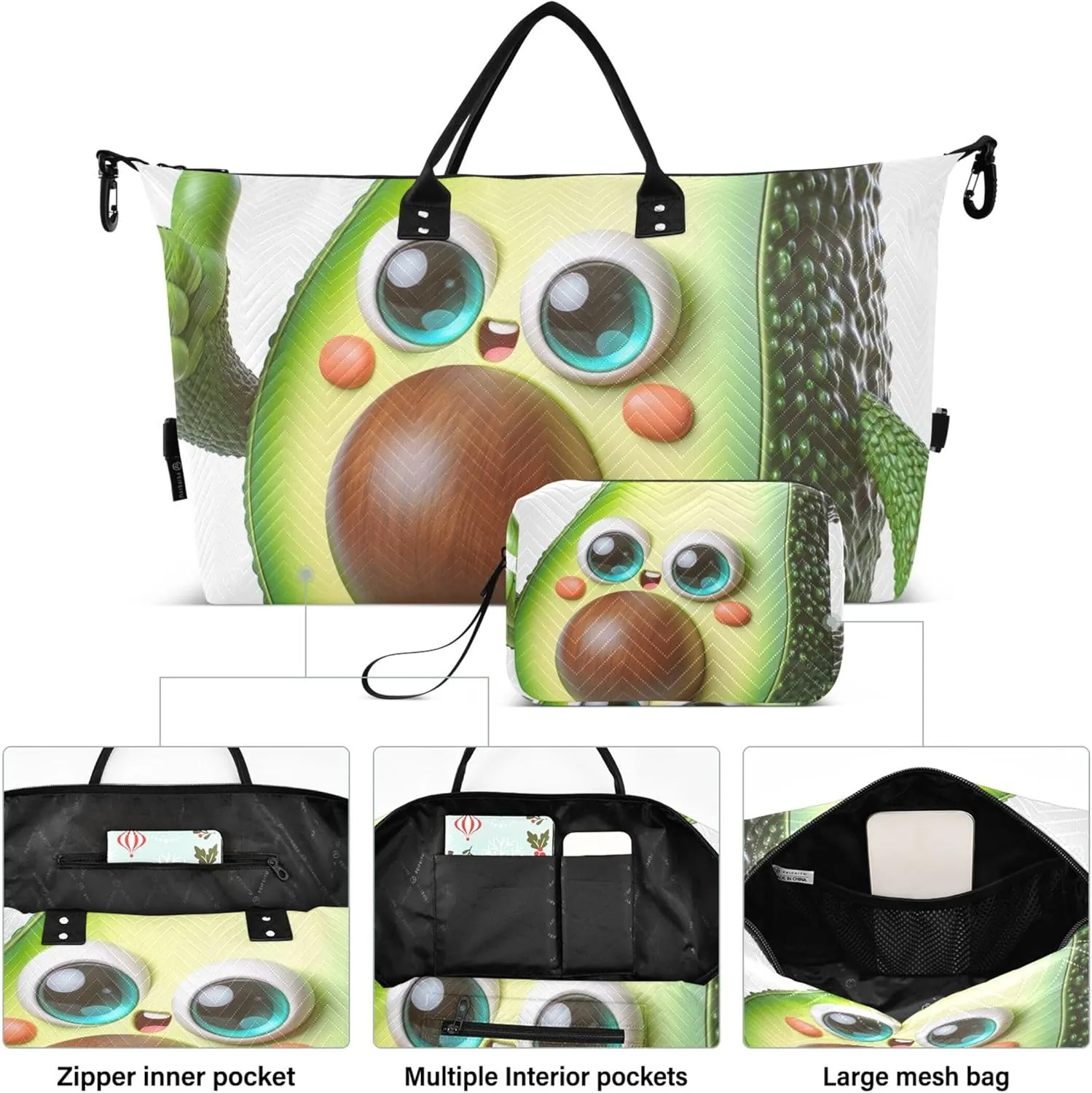 3D Avocado Funny Duffle Bag Travel Makeup Pouch Set of 2, Art Womens Sports Bag Duffle Carry on Bag
