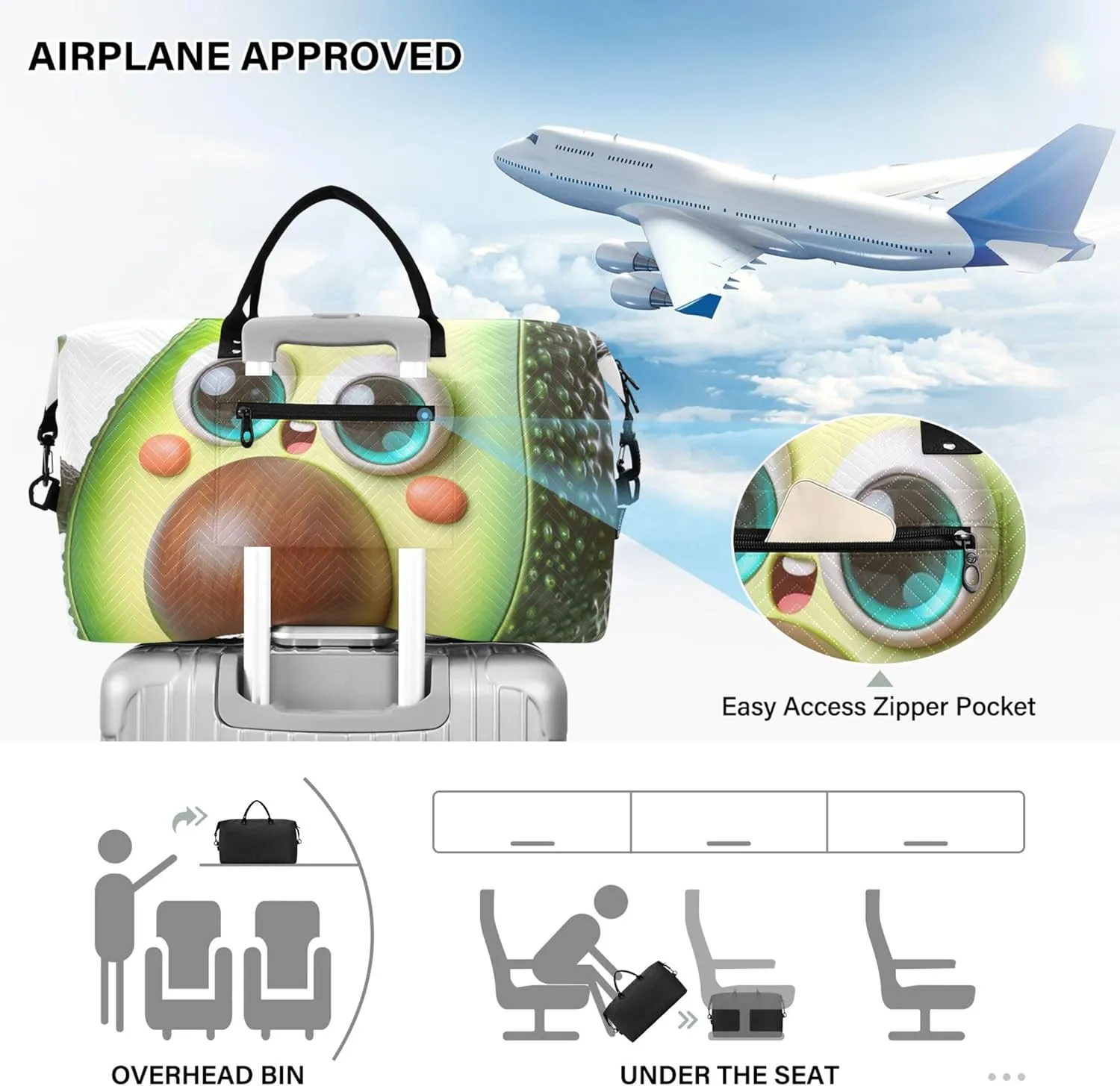 3D Avocado Funny Duffle Bag Travel Makeup Pouch Set of 2, Art Womens Sports Bag Duffle Carry on Bag