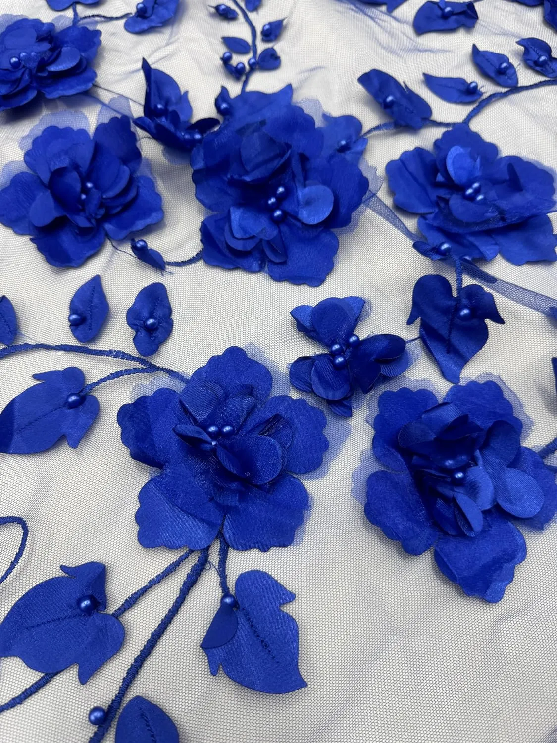 3D Flower Beaded Mesh Bridal Lace Fabric - Tear Resistant - 2 Way Stretch Laces Fabric - Lace Dress Fabric - Polyester Lace Material Fabric - Medium Weight - 58 Inches Wide - 1 Yard (Royal Blue)