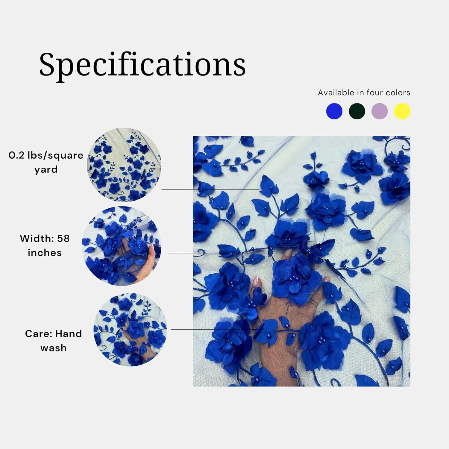 3D Flower Beaded Mesh Bridal Lace Fabric - Tear Resistant - 2 Way Stretch Laces Fabric - Lace Dress Fabric - Polyester Lace Material Fabric - Medium Weight - 58 Inches Wide - 1 Yard (Royal Blue)