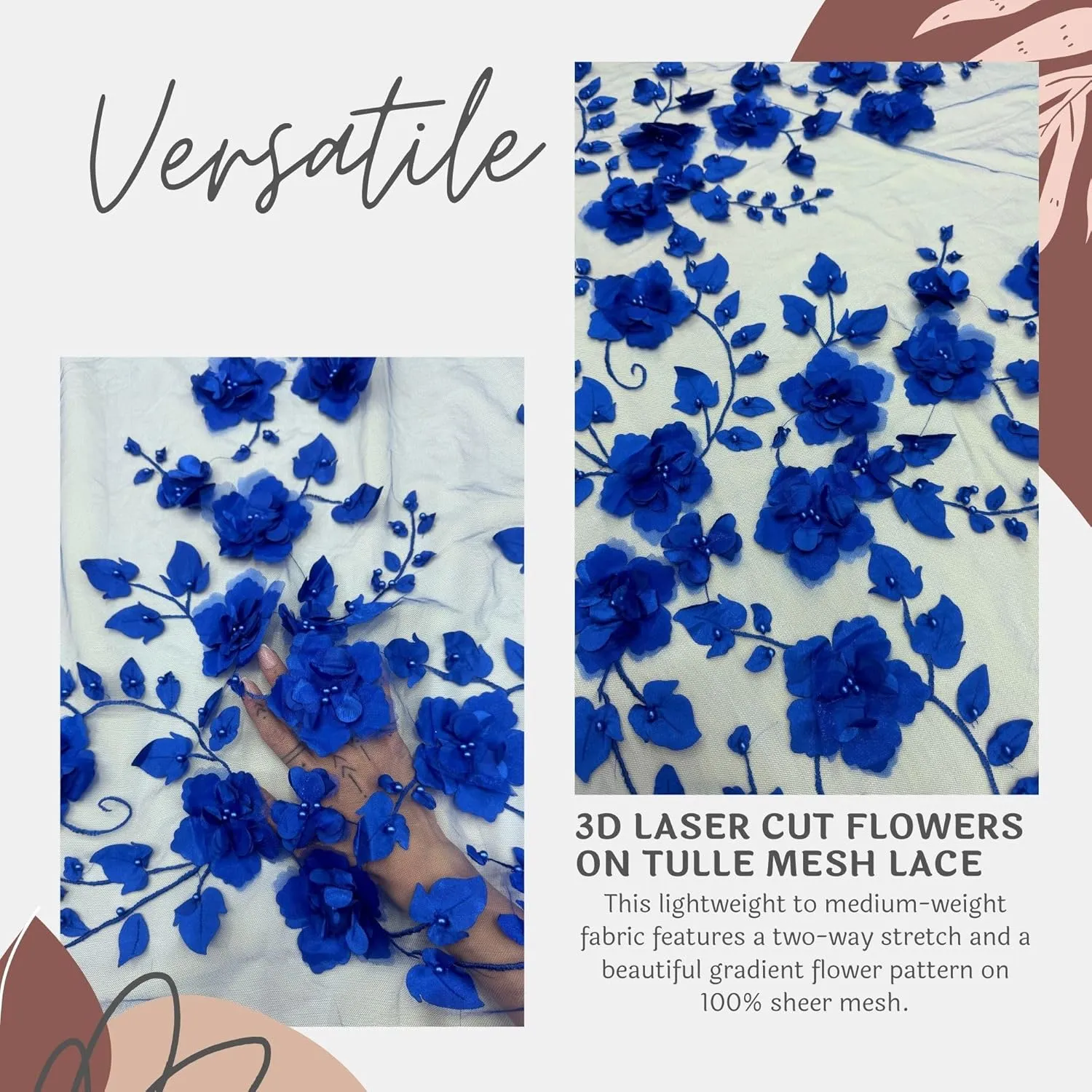 3D Flower Beaded Mesh Bridal Lace Fabric - Tear Resistant - 2 Way Stretch Laces Fabric - Lace Dress Fabric - Polyester Lace Material Fabric - Medium Weight - 58 Inches Wide - 1 Yard (Royal Blue)