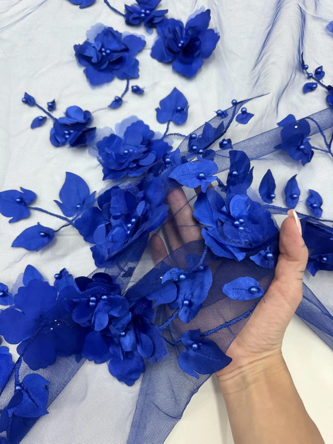 3D Flower Beaded Mesh Bridal Lace Fabric - Tear Resistant - 2 Way Stretch Laces Fabric - Lace Dress Fabric - Polyester Lace Material Fabric - Medium Weight - 58 Inches Wide - 1 Yard (Royal Blue)