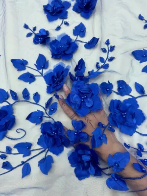 3D Flower Beaded Mesh Bridal Lace Fabric - Tear Resistant - 2 Way Stretch Laces Fabric - Lace Dress Fabric - Polyester Lace Material Fabric - Medium Weight - 58 Inches Wide - 1 Yard (Royal Blue)