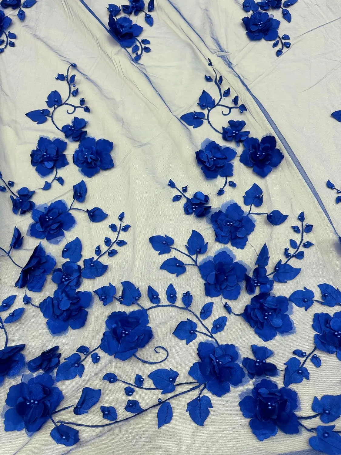 3D Flower Beaded Mesh Bridal Lace Fabric - Tear Resistant - 2 Way Stretch Laces Fabric - Lace Dress Fabric - Polyester Lace Material Fabric - Medium Weight - 58 Inches Wide - 1 Yard (Royal Blue)