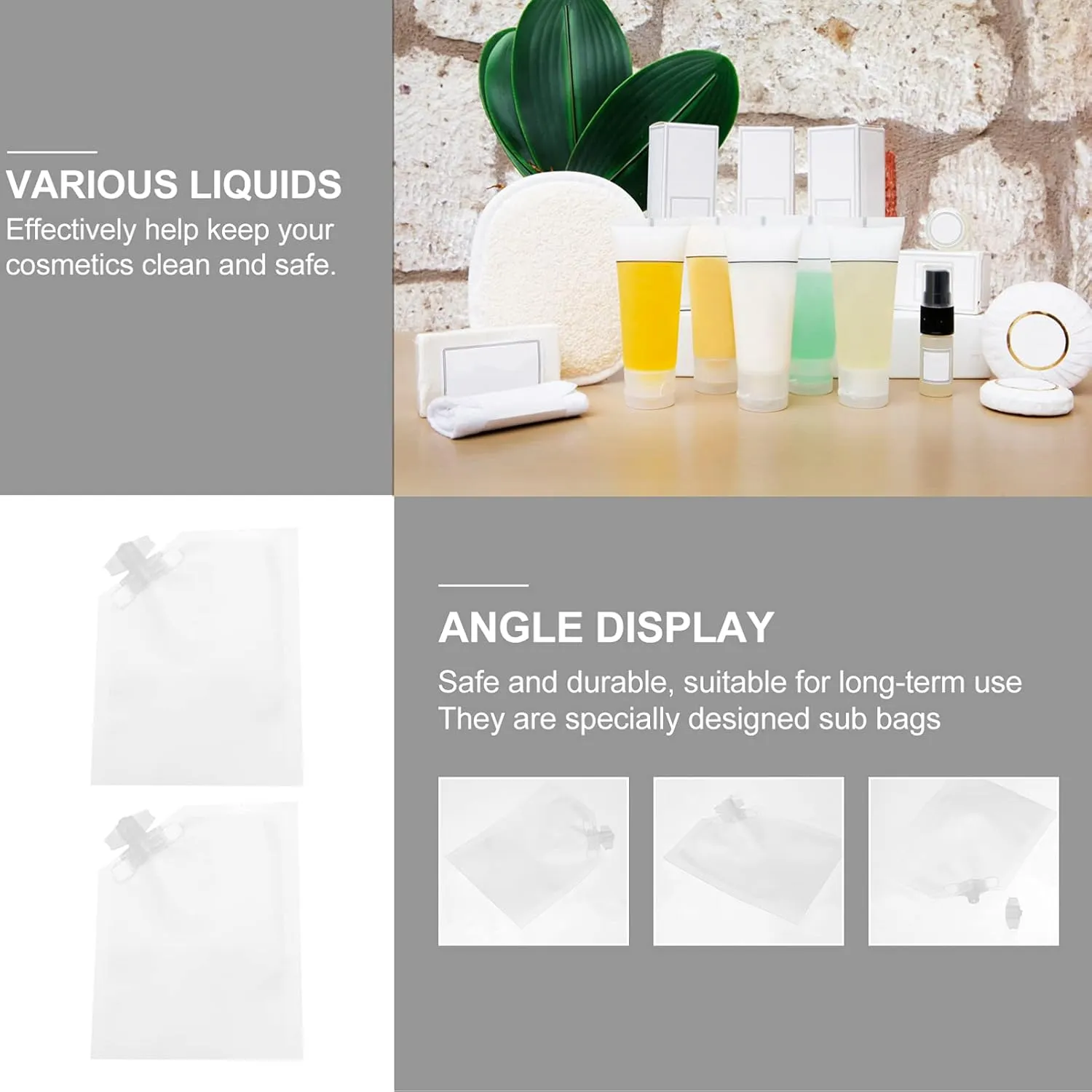 3sets Mini Toiletries Bag Travel Lotion Bags Fillable Cosmetic Pouch 10ml Emulsion Dispenser 20pcs*3