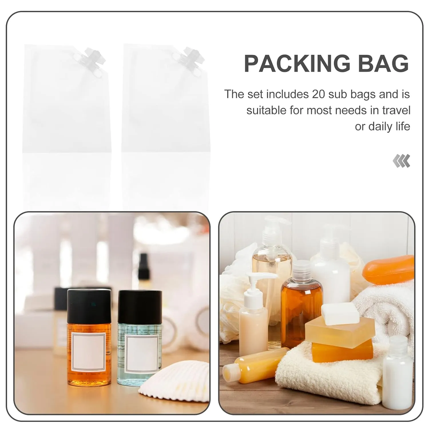 3sets Mini Toiletries Bag Travel Lotion Bags Fillable Cosmetic Pouch 10ml Emulsion Dispenser 20pcs*3