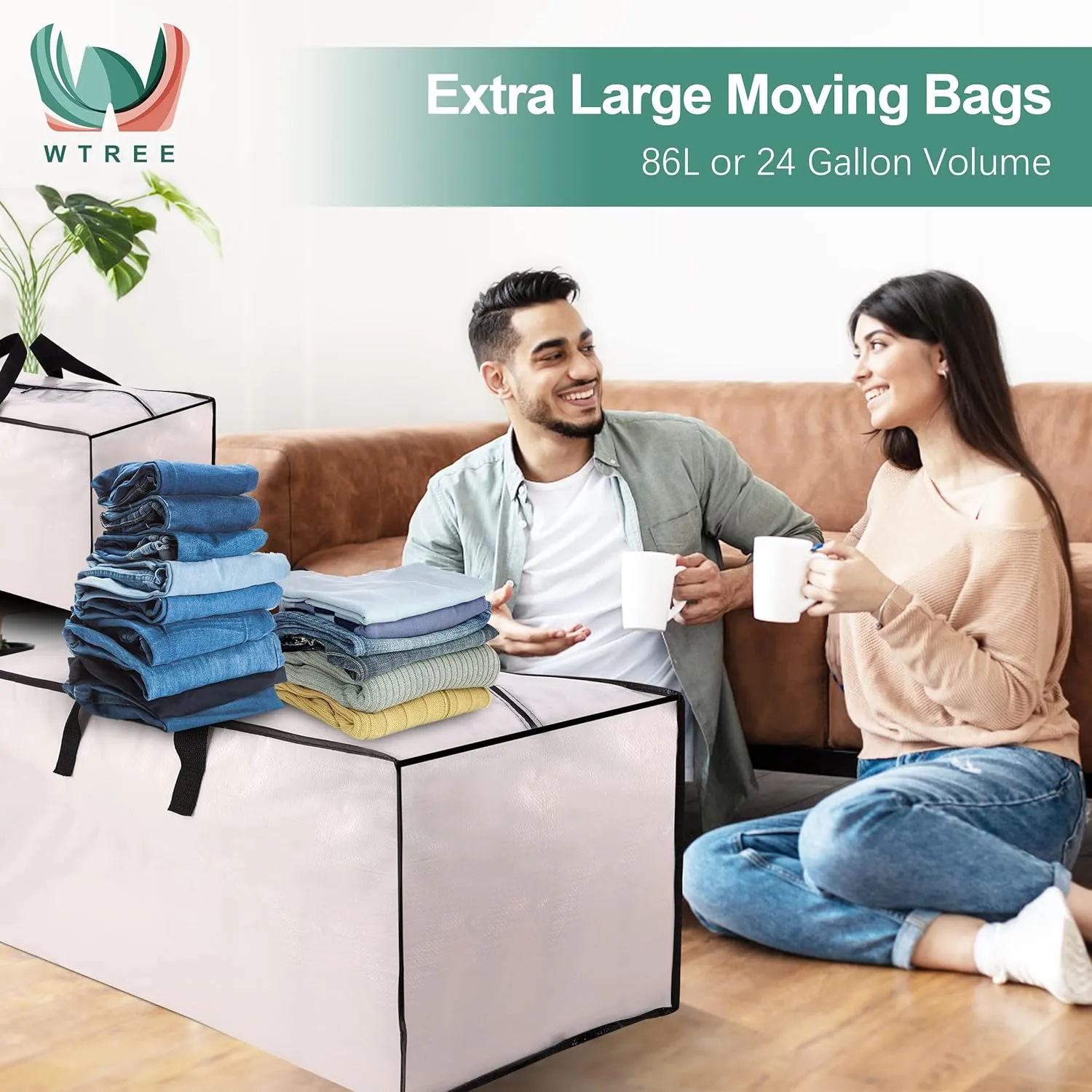 4 Pack Heavy Duty Moving Bags, Extra Large Storage Totes W/Backpack Straps Strong Handles & Zippers, Alternative to Moving Boxes, Moving Supplies for Dorm Room Essentials, Semi-Transparent