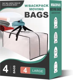 4 Pack Heavy Duty Moving Bags, Extra Large Storage Totes W/Backpack Straps Strong Handles & Zippers, Alternative to Moving Boxes, Moving Supplies for Dorm Room Essentials, Semi-Transparent