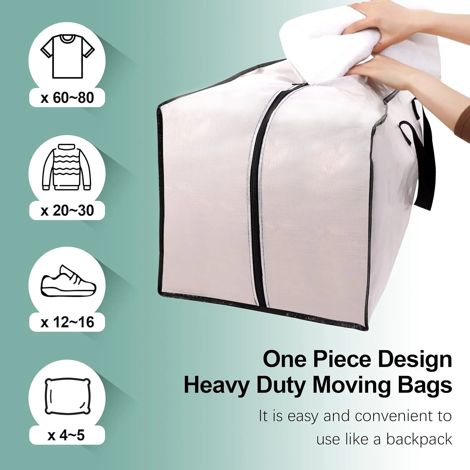 4 Pack Heavy Duty Moving Bags, Extra Large Storage Totes W/Backpack Straps Strong Handles & Zippers, Alternative to Moving Boxes, Moving Supplies for Dorm Room Essentials, Semi-Transparent
