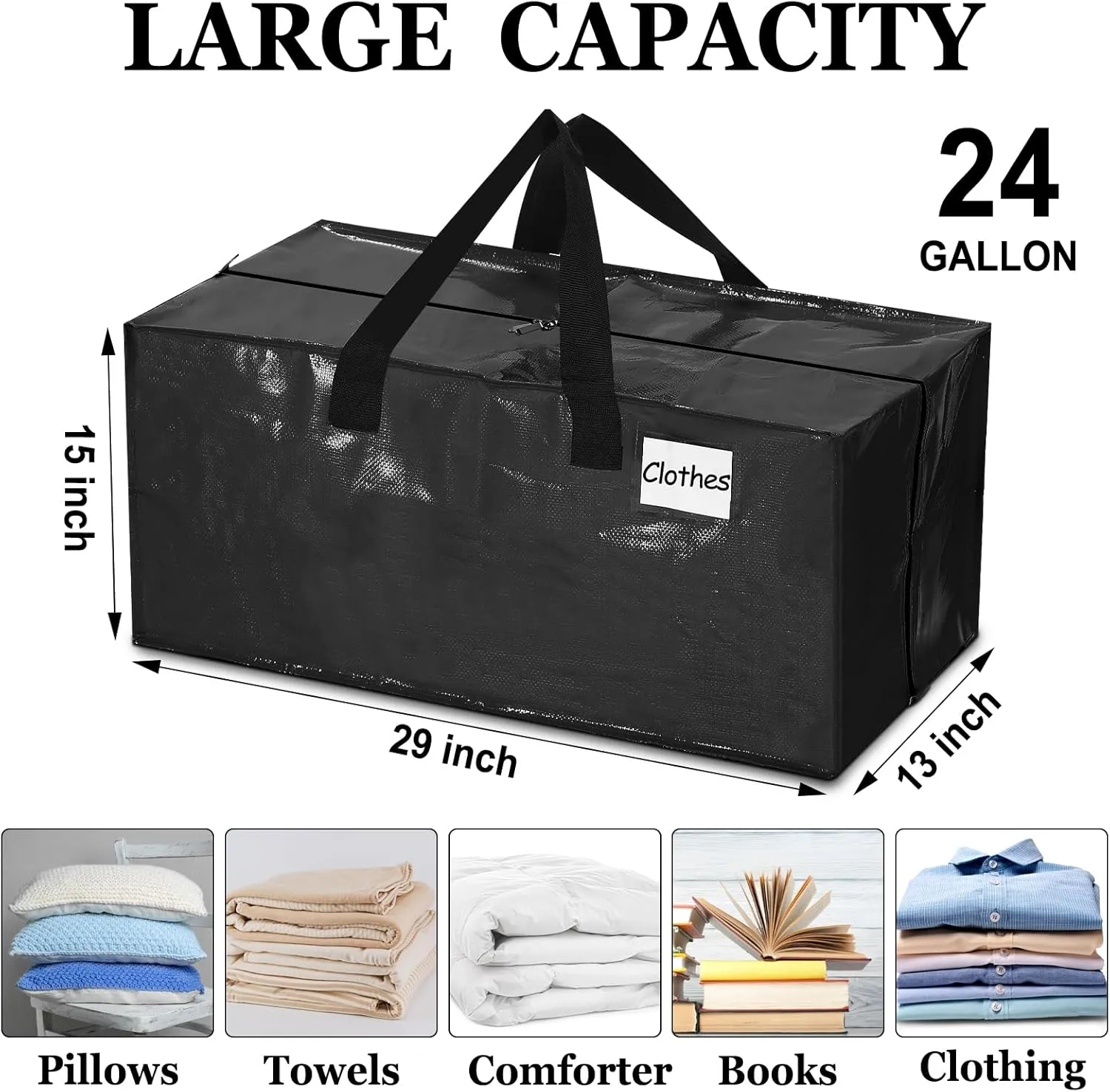 4 Pcs 24 Gallon Large Moving Bags with Zipper and Handles Foldable Storage Duffle Bags Heavy Duty Extra Large Totes for College Dorm Travel Clothes Blankets Bedding Moving (Black)