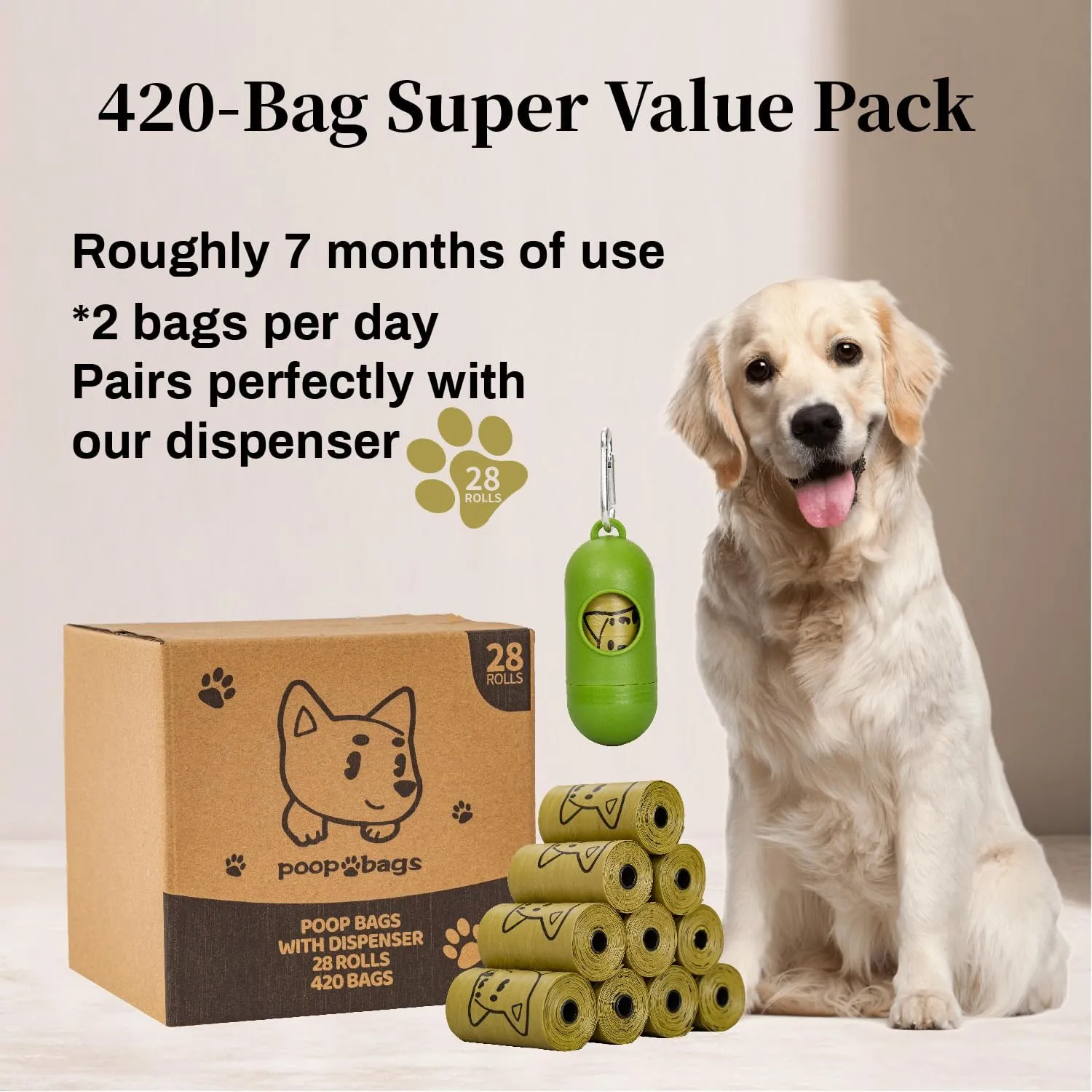 420 Counts Dog Poop Bags Rolls with Dispenser & Leash Clip, Scented Poop Bags for Dogs Waste, Extra Thick & Leak Proof for Poop Doggie Puppy Pet Waste, 9" x 13", Dark Khaki