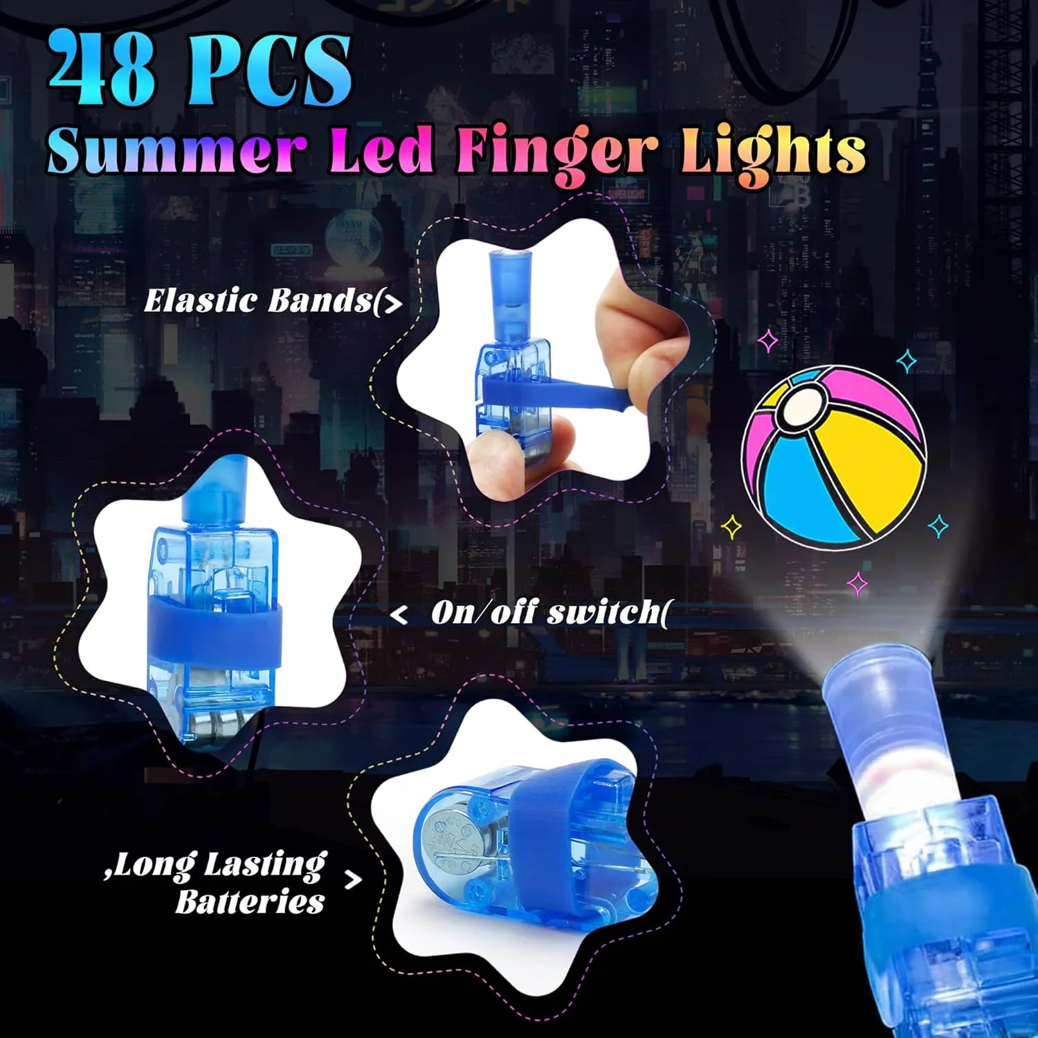48 PCS Finger Light for Kids Summer Party Favors ,Glow in the Dark Light Up Summer Beach Toys Bulk for Kids Birthday Goodie Bag Stuffers Classroom Prizes Boys Girls Pool Party Classroom Prizes