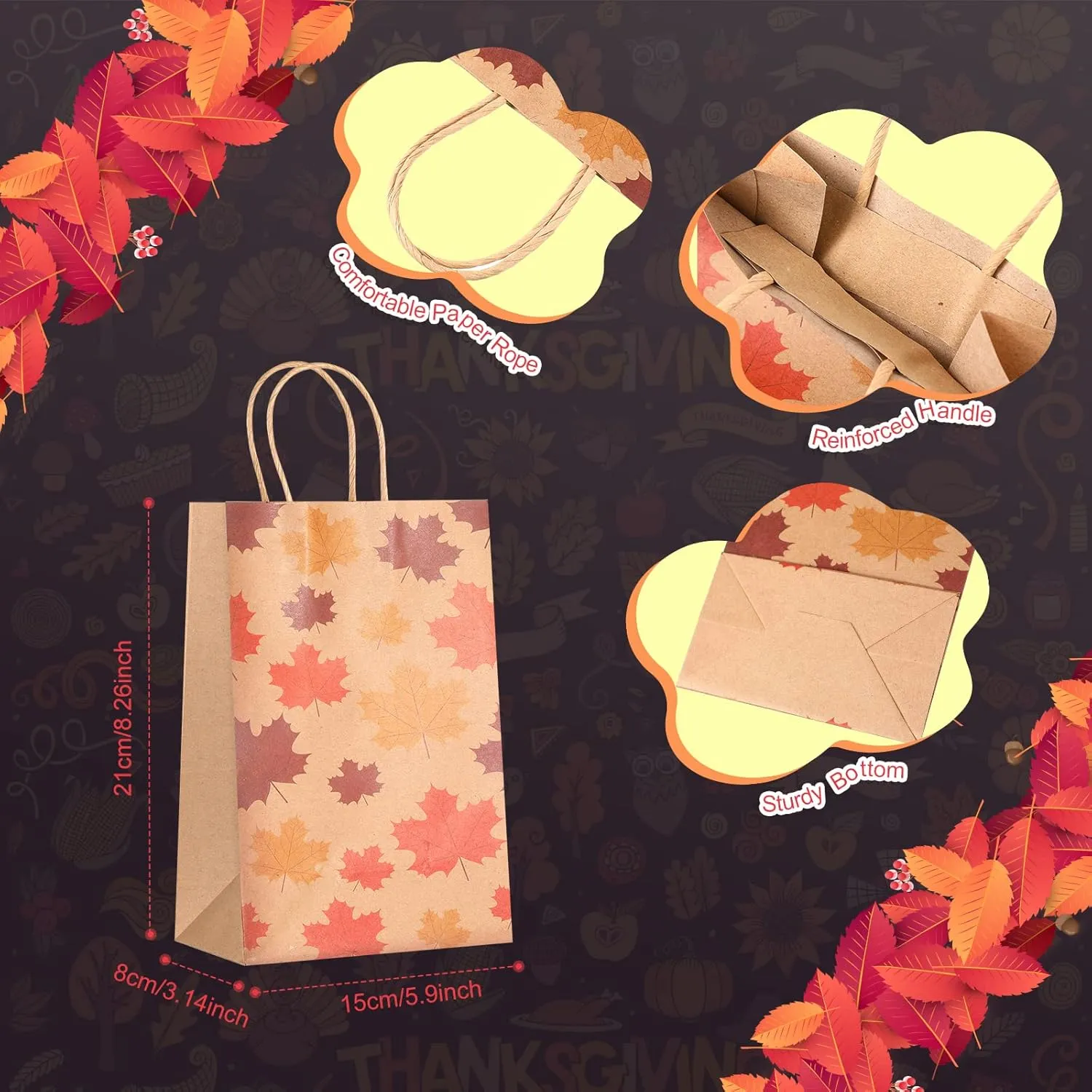48 Pieces Thanksgiving Treat Thank You Gift Bags Bulk Paper Party Favor Fall Thanksgiving Goodie Candy Bag with Handles for Kids Fall Supplies