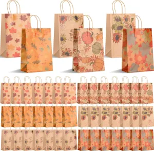 48 Pieces Thanksgiving Treat Thank You Gift Bags Bulk Paper Party Favor Fall Thanksgiving Goodie Candy Bag with Handles for Kids Fall Supplies