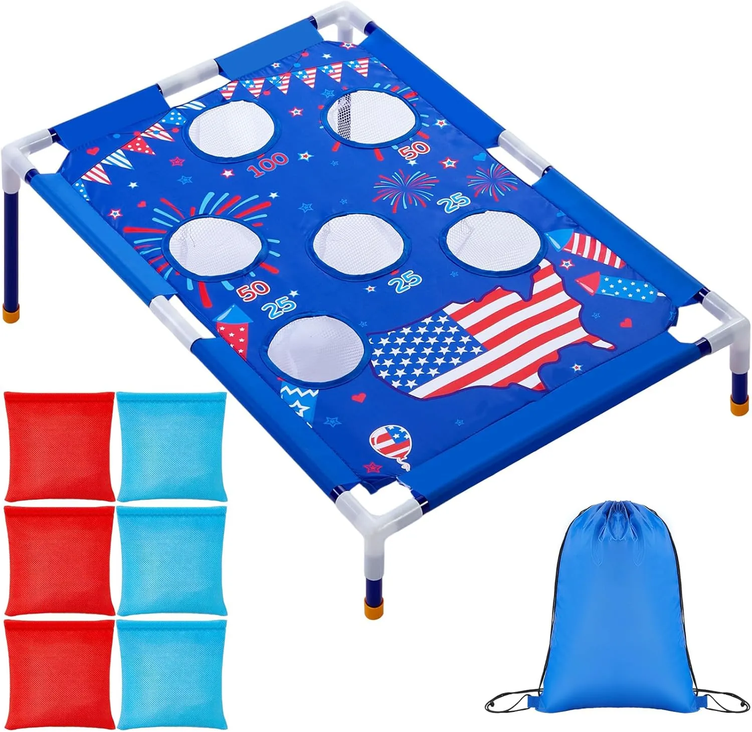 4th of July Bean Bag Toss Games with 6 Bean Bags American Flag Portable PVC Framed Corn Hole Game Set for Independence Day Patriotic Party Outdoor Game Party