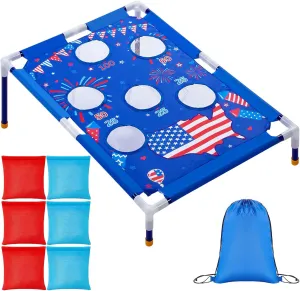 4th of July Bean Bag Toss Games with 6 Bean Bags American Flag Portable PVC Framed Corn Hole Game Set for Independence Day Patriotic Party Outdoor Game Party